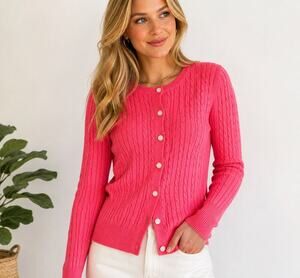 Vintage Y2K Lilly Pulitzer Pink Cable Knit Button Front Cardigan Sweater Size L